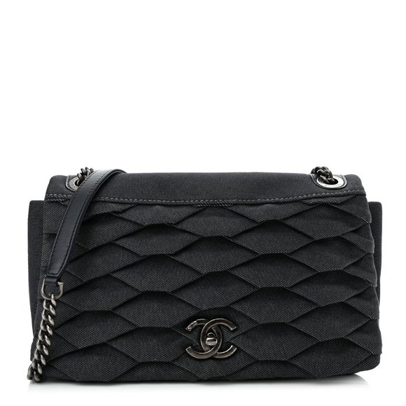 CHANEL Denim Pleated Denim Turtle Flap Dark Blue CC Shoulder Bag - Picture 1 of 16